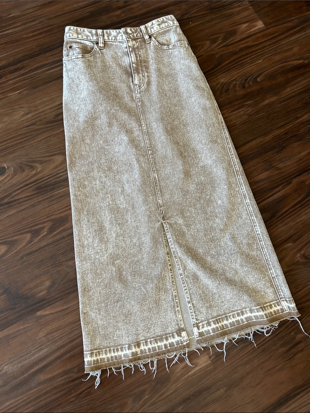 High-Rise Stone Gray Denim Midi Skirt with Front Slit